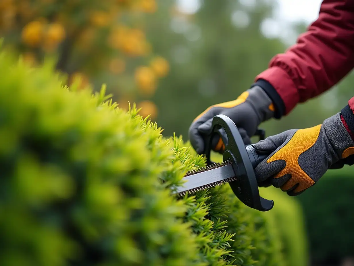 Professional african gardener cutting bushes with trimmer