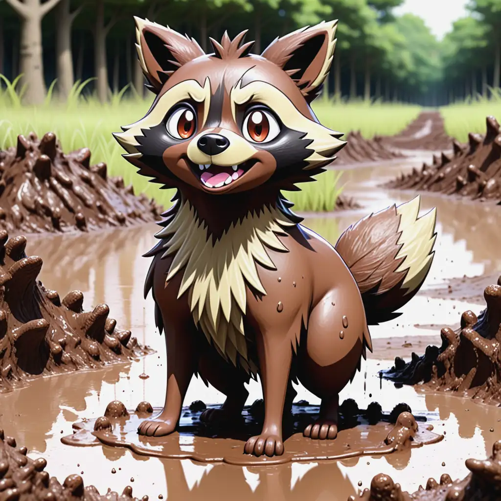 Anime Cartoon of a Mighty Raccoon Dog Covered in Mud Pokemon Style