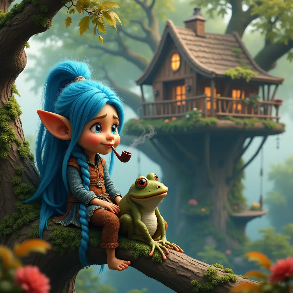 Ultra detailed hyperrealistic portrait of a troll with blue braids sits on the veranda with a frog king with a smoking pipe in his mouth a dreamy big treehouse on a large branch with intricately detailed, colorful plants in the background wide angle