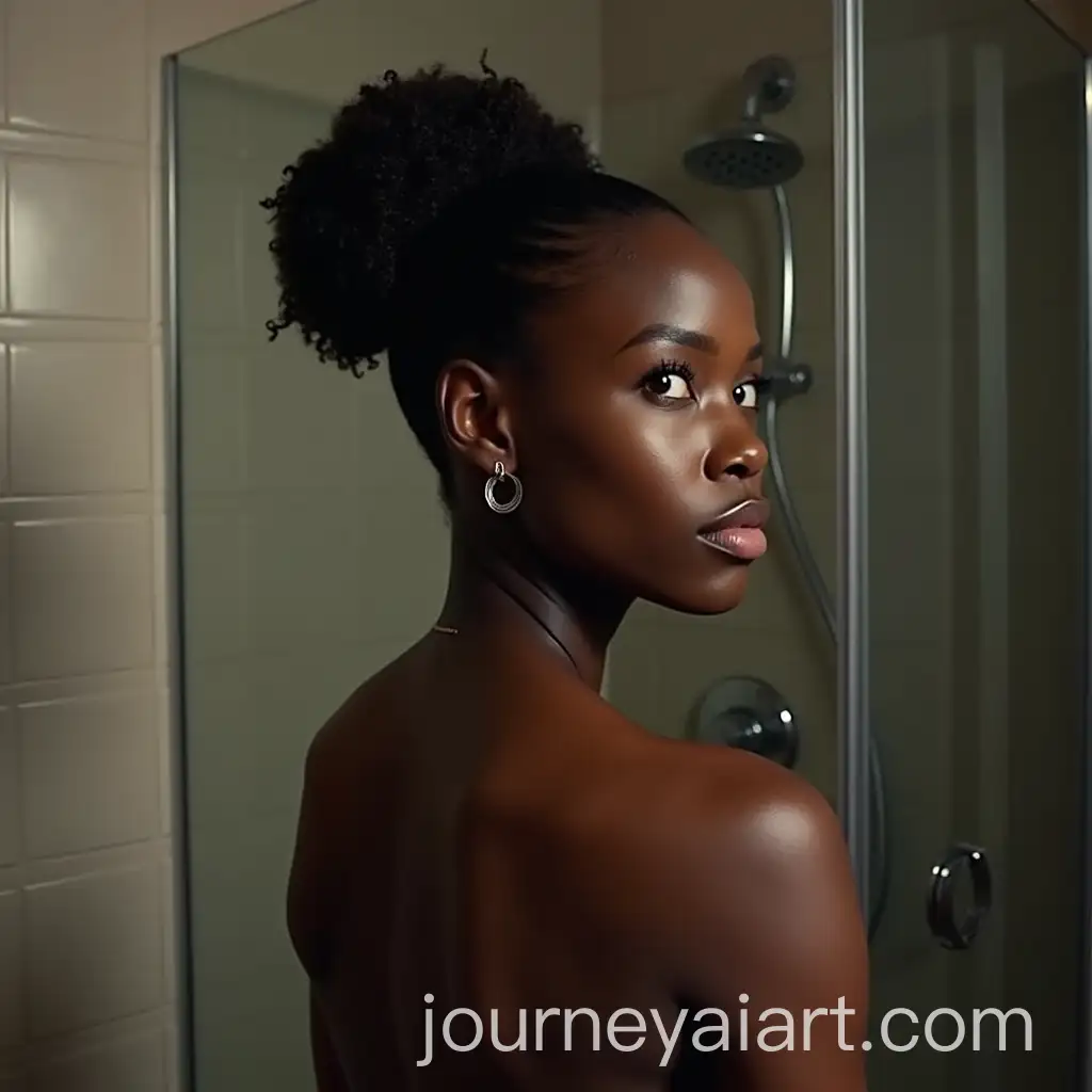 Dark-Skin-Woman-in-Shower-Looking-Out-with-Soft-Lighting