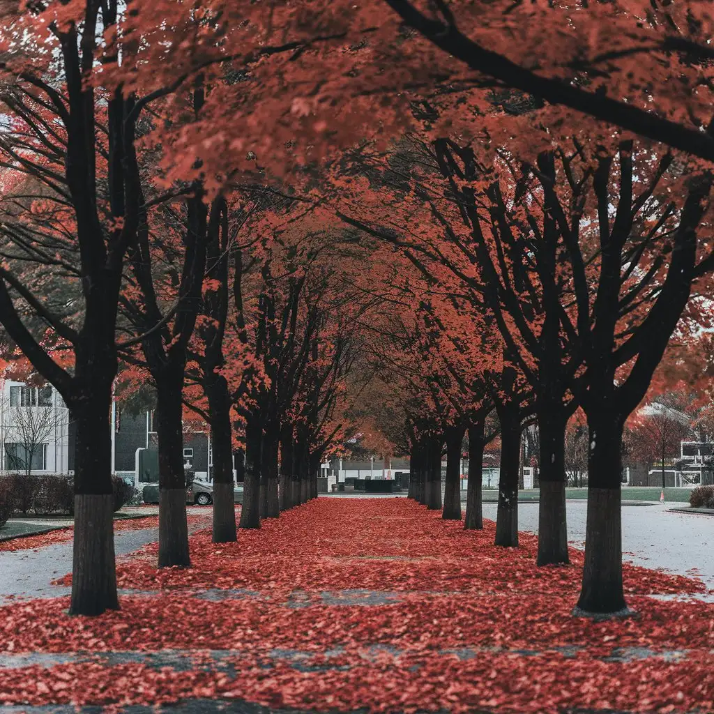 Autumn Landscape with Red Trees and Fallen Leaves