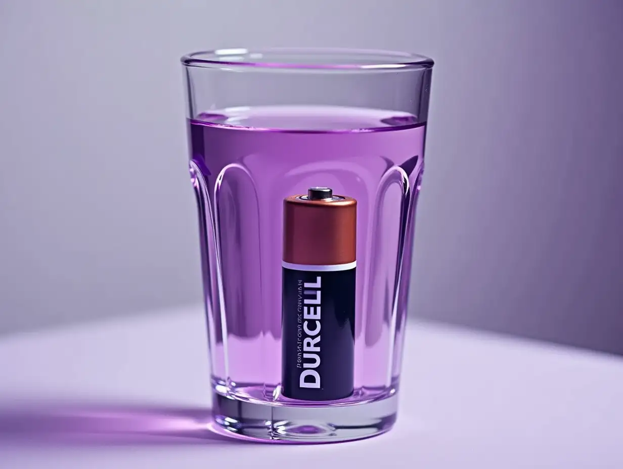 A view from top to bottom, a glass with purple water, in it a Duracell battery, duracell