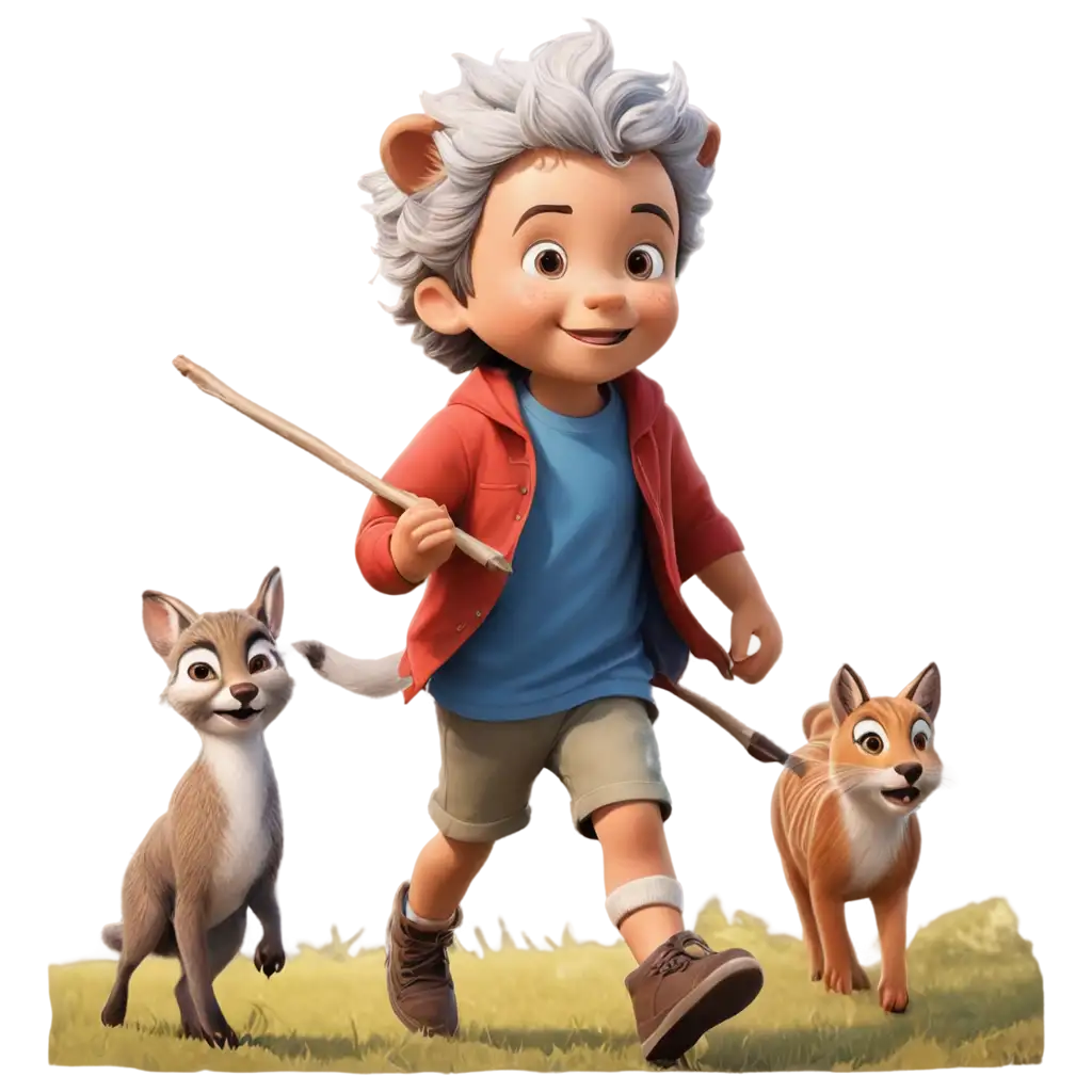 UltraDetailed-CloseUp-PNG-Image-of-a-Boy-with-Graying-Hair-Playing-with-Animals-in-the-Woods