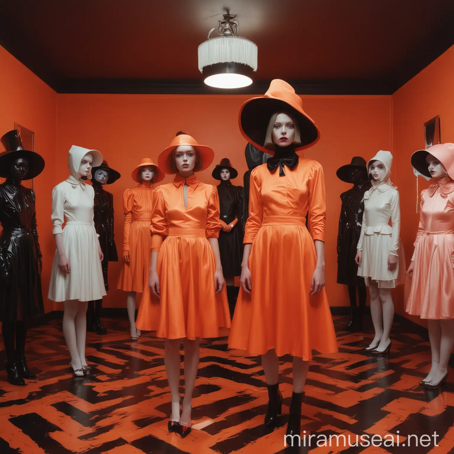 Surreal Fashion Show in an Orange and Black Room