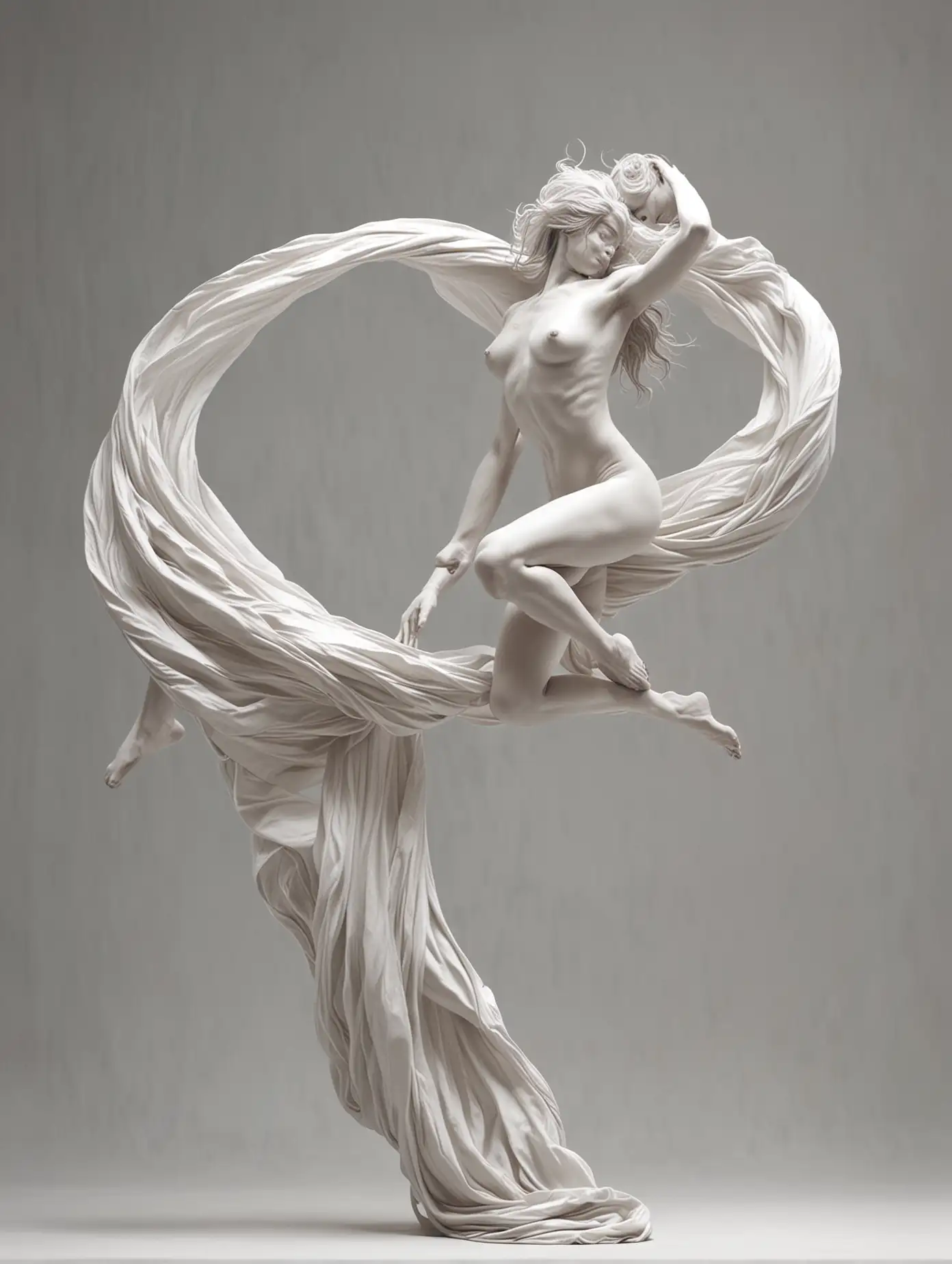 Hyperrealistic White Statue of Aerial Silks Dancers in Midair Embrace