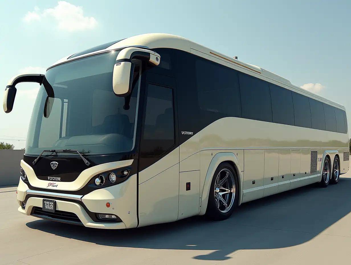 Supermodern bus with spoilers, lowered, aluminum wheels, cream, black colors, Cyberpunk