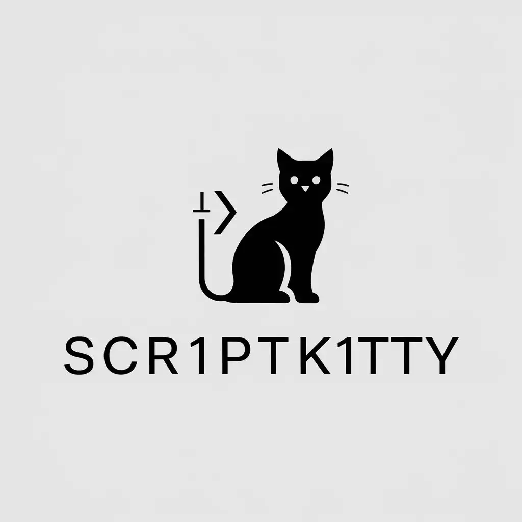 a vector logo design,with the text "Scr1ptK1tty", main symbol:A sleek, modern silhouette of a cat with its tail looping into a code bracket < >. The cat's eyes could be small, stylized dots, giving it a techy appearance.,Minimalistic,be used in Technology industry,clear background