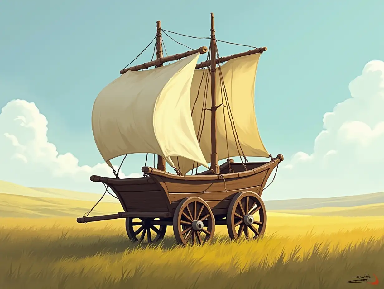 Medieval-Wooden-Cart-with-Sails-on-Grassland-in-Concept-Art-Style