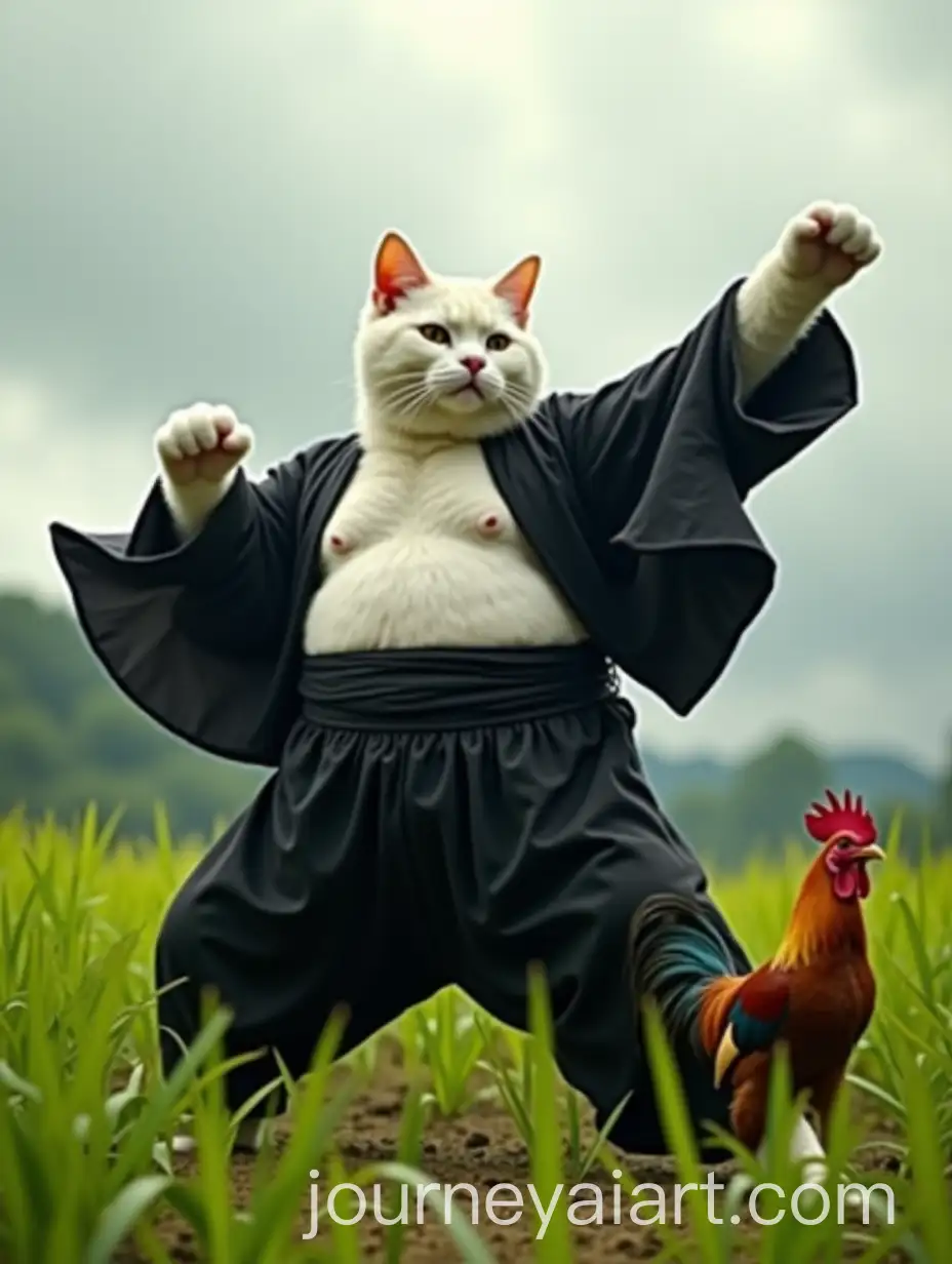 Angora-Cat-Practicing-Pencak-SilAI-Art-Prompt-Expansionat-in-Lush-Rice-Paddy-with-Rooster-Watching