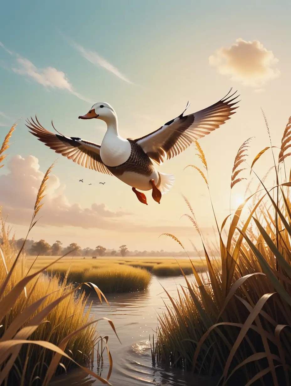 Fantasy World Brown and White Duck Flying over Tall Grasses