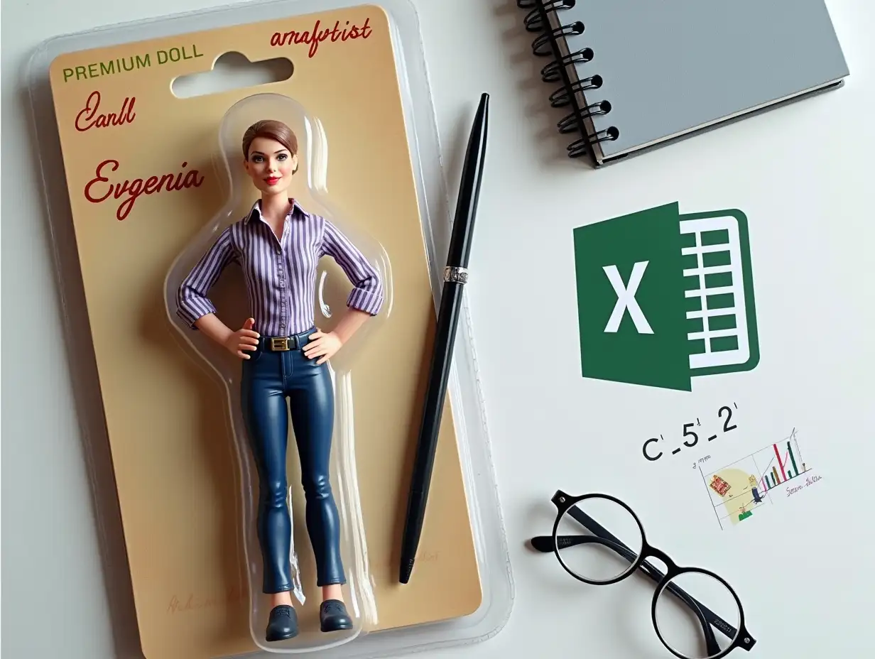 Use my photograph. Create an action figure image on a blister as a premium doll, similar to me, with inscriptions 'Evgenia' and 'analyst'. Add an image of accessories on the right: notebook, Excel logo, formula icons, numbers, graph.