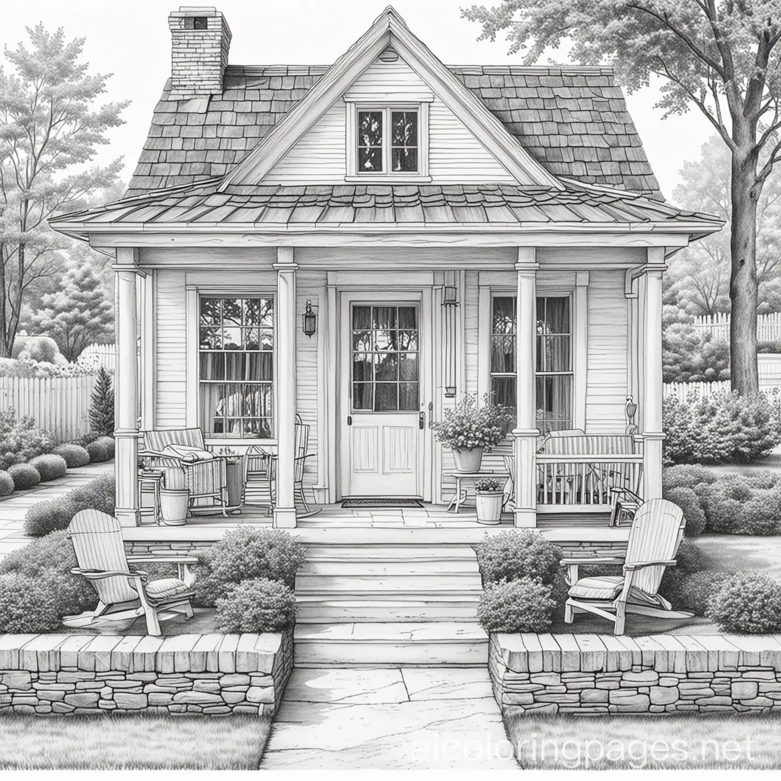 outline drawing of a small country house front porch with sitting area and three friends sitting, Coloring Page, black and white, line art, white background, Simplicity, Ample White Space. The background of the coloring page is plain white to make it easy for young children to color within the lines. The outlines of all the subjects are easy to distinguish, making it simple for kids to color without too much difficulty