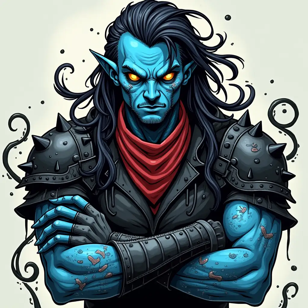 Simic-Hybrid-with-Blue-Skin-and-Fish-Scale-Tattoos-in-Black-Leather-Armor