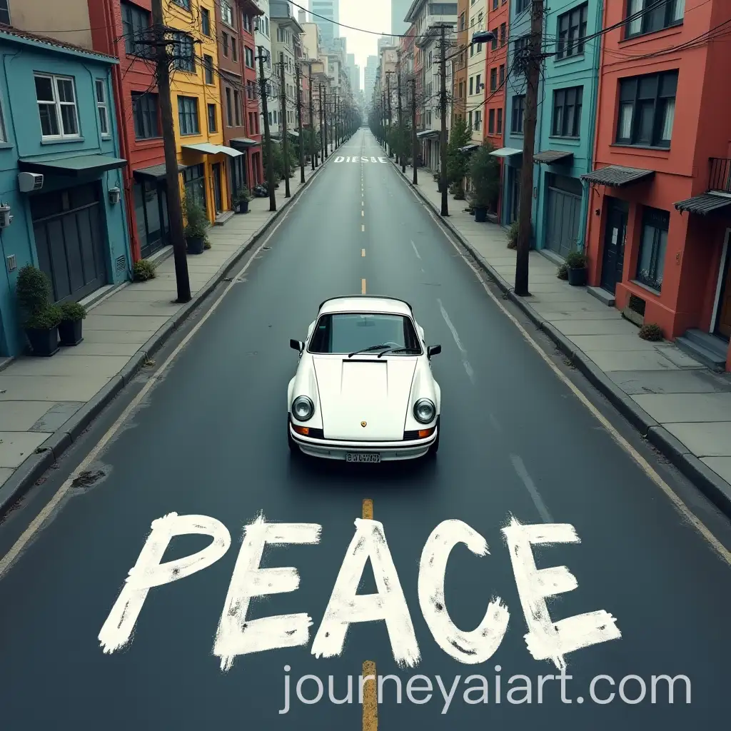 White-Porsche-911-on-Winding-Road-with-PEACE-Lettering-in-Urban-Setting