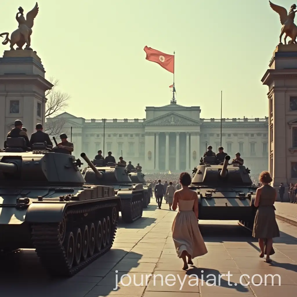 AI-Image-Prompt-ExpansionLiberation-Army-Tanks-Advancing-at-Independence-Palace-with-Navy-Ships-and-Woman-in-Long-Dress-in-Cinematic-Morning-Scene