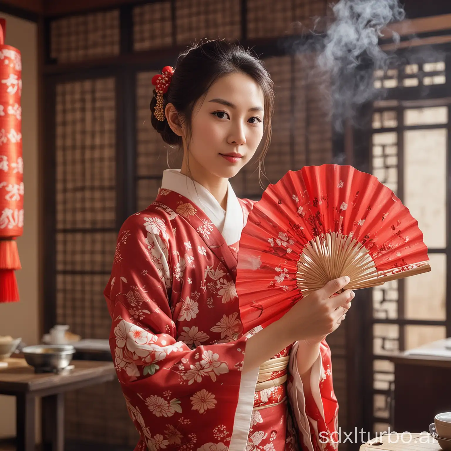 Elegant-Japanese-Woman-in-Traditional-Chinese-Attire-with-Red-Fan