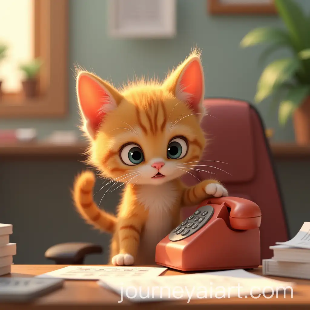 Curious-Kitten-Picking-Up-a-Tiny-Phone-in-a-Busy-Office
