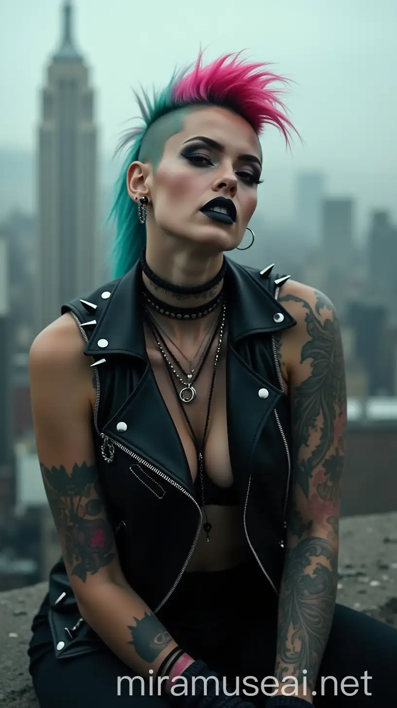 PunkStyled Woman with Mohawk Against Gritty Urban Backdrop