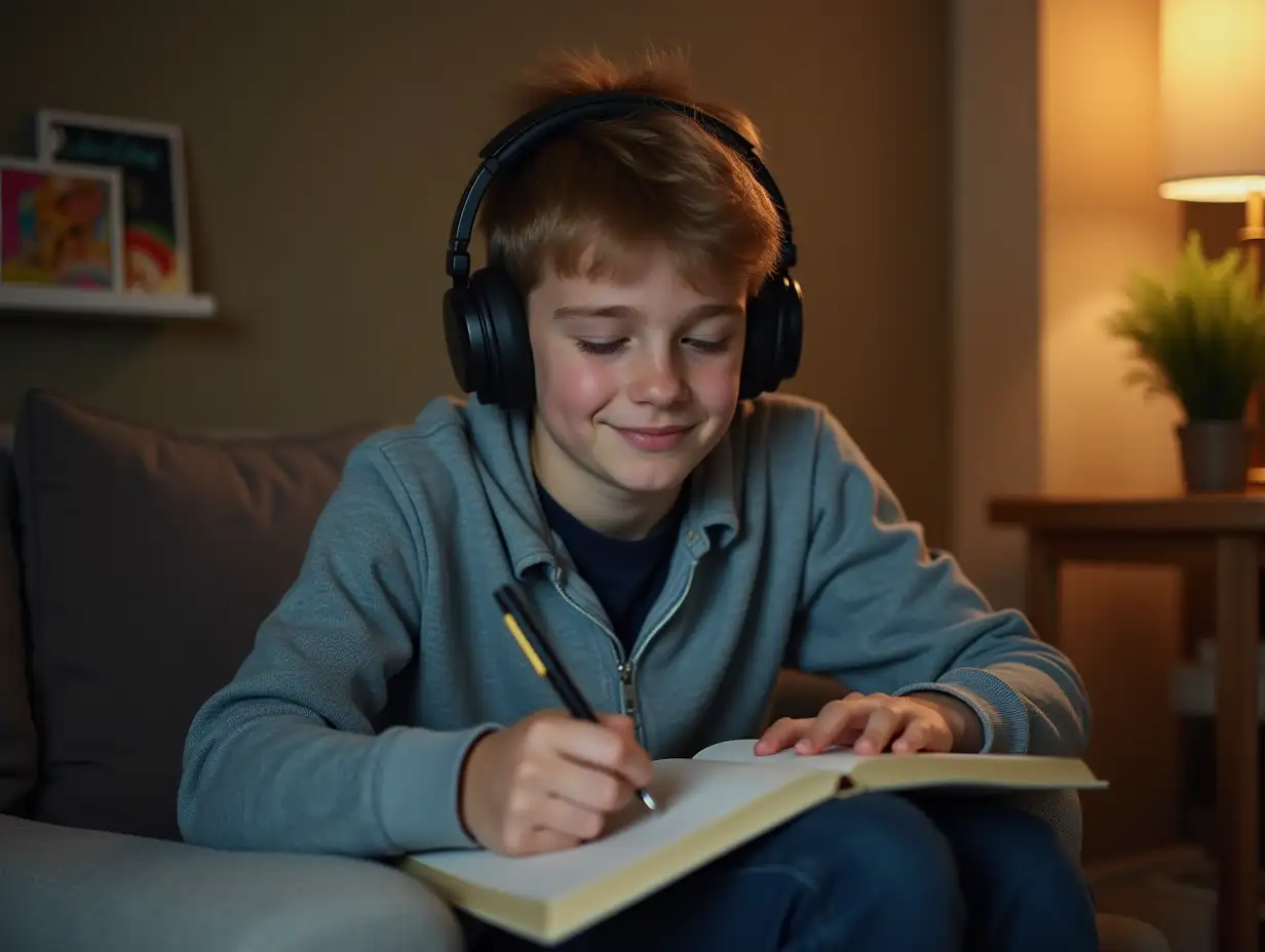 Teenage-Boy-Studying-Comfortably-with-Headphones-and-Soft-Lighting
