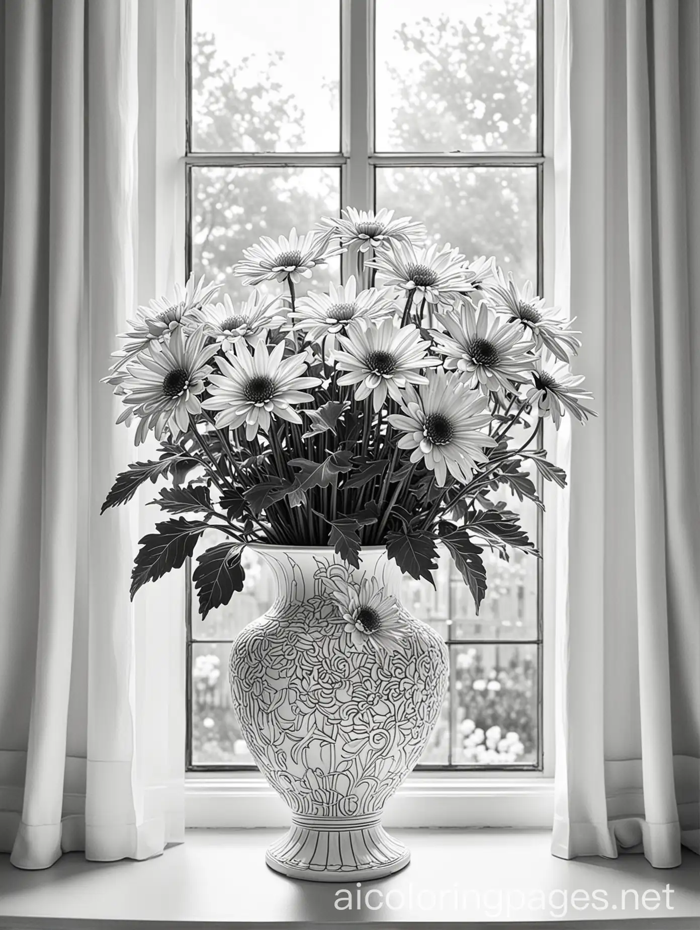 Chrysanthemum-Flower-in-Elegant-Vase-on-Sunlit-Windowsill