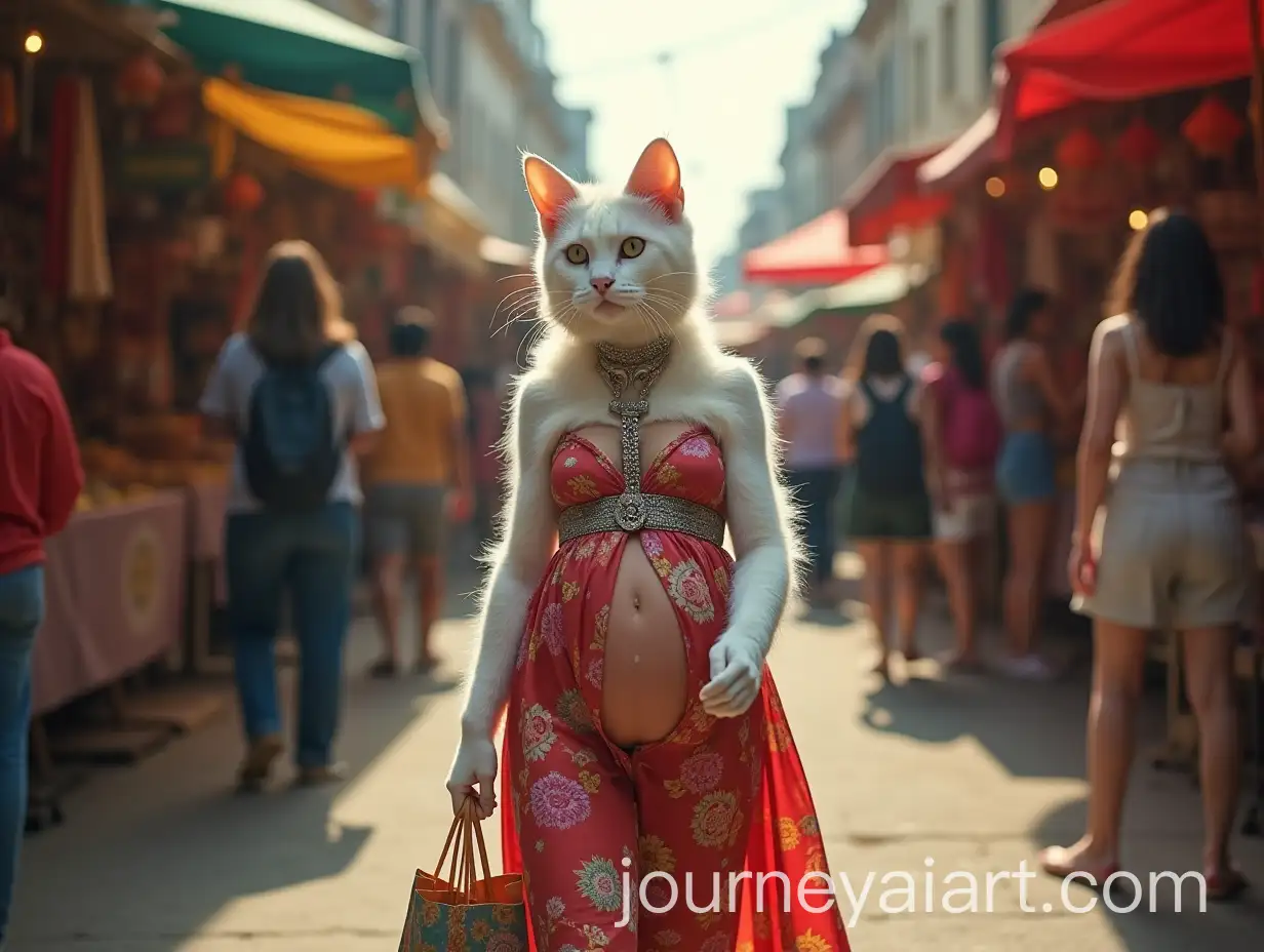 Vibrant-Market-Scene-with-Pregnant-Cat-in-Colorful-Attire