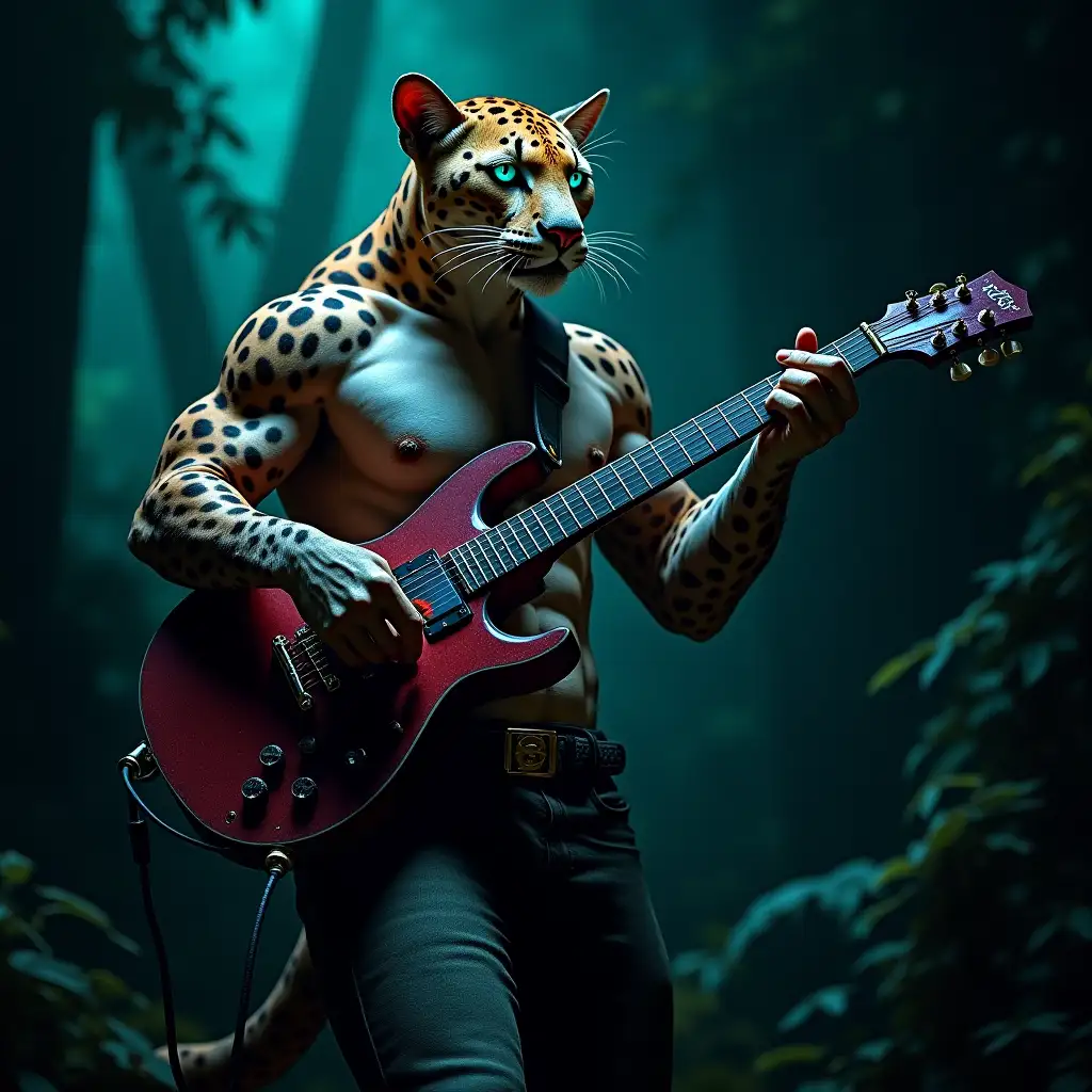 anthropomorphous to some extent muscular spotted panther with turquoise-grass color eyes plays on burgundy electric guitar on the stage in jungles, at night