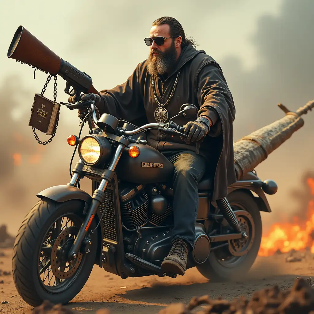 A modern day battle priest riding a Harley Davidson Motorcycle with the King James bible attached to a chain hanging off the bike and a sawed off shotgun in one hand all set in an apocalyptic world