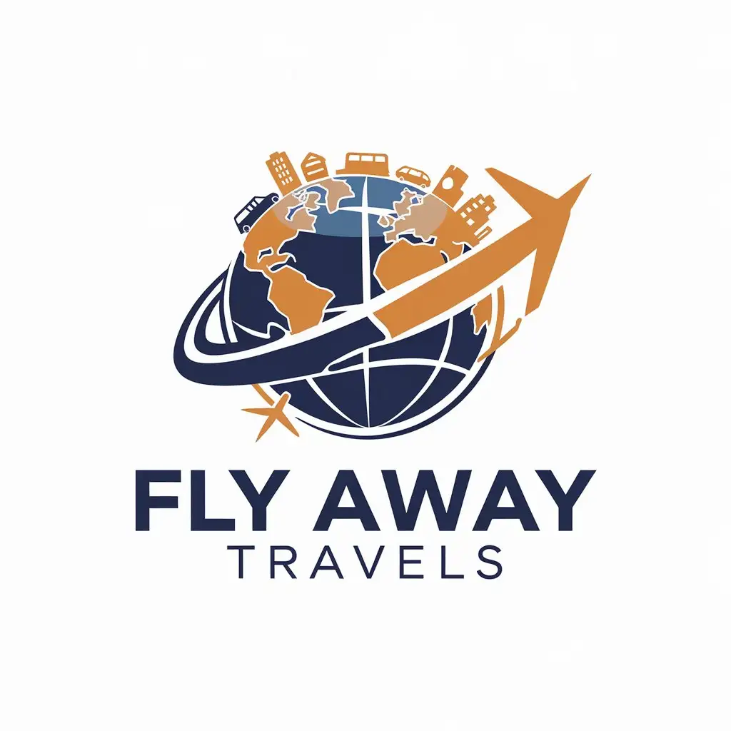 LOGO Design for Fly Away Travels 3D World with Flight Bus Train Hotel Car Cruise Theme