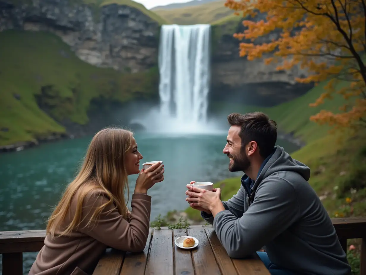 a man and woman enjoying coffee in front of a waterfall