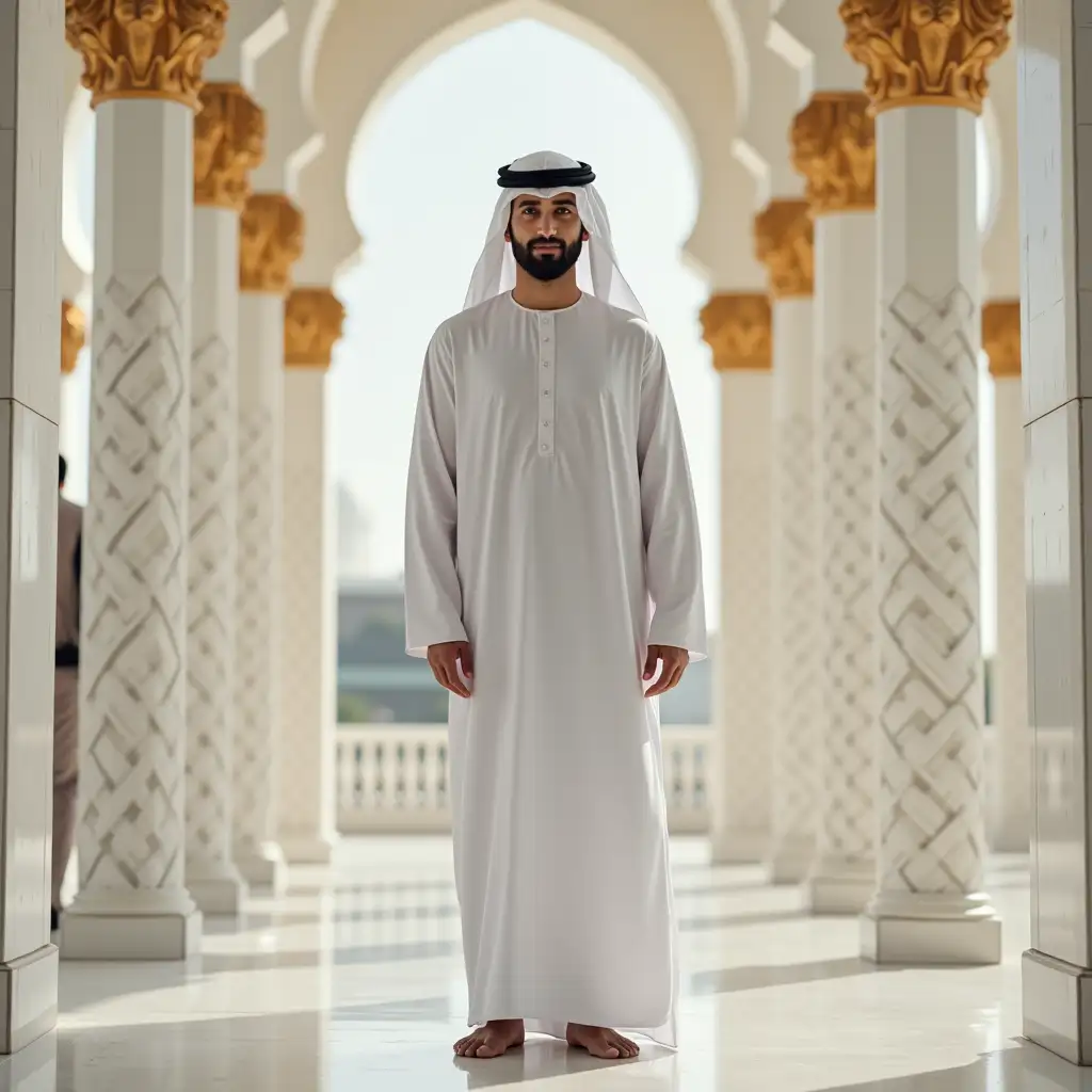 The man is wearing a long robe known as a thobe or dishdasha, typically in a neutral or solid color such as white, beige, or light blue. He may also be wearing a traditional headscarf called a keffiyeh or a taqiyah cap. His clothing is modest and loose-fitting, at the Islamic mosque in Abu Dhabi.