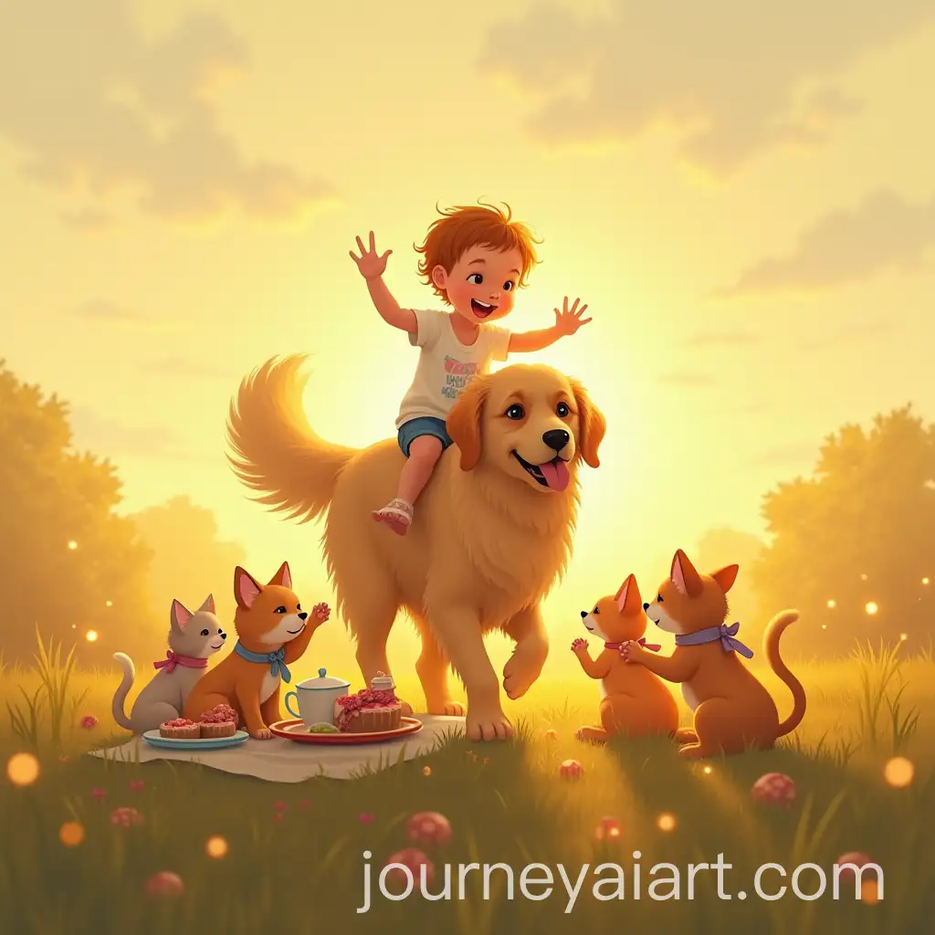 Toddler-Riding-Golden-Retriever-as-Kittens-Wave-Goodbye-in-Dreamy-Meadow