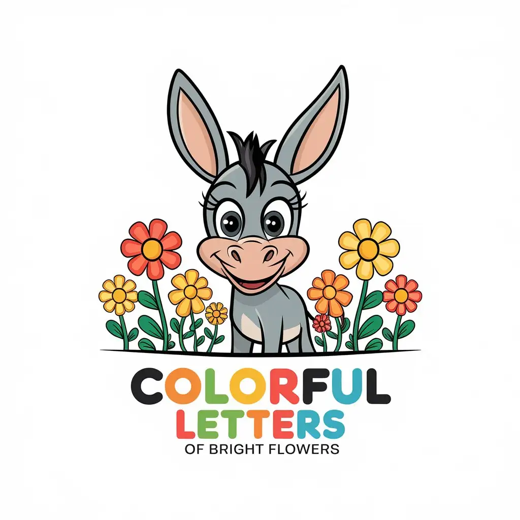 a vector logo design,with the text "colorful letters of bright flowers", main symbol:A donkey in Disney style with long ears, cute friendly big eyes,complex,be used in Home Family industry,clear background