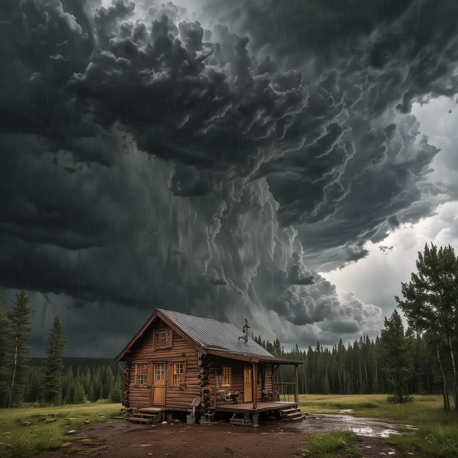 Stormy Weather Over Wooden Cabin in Forest