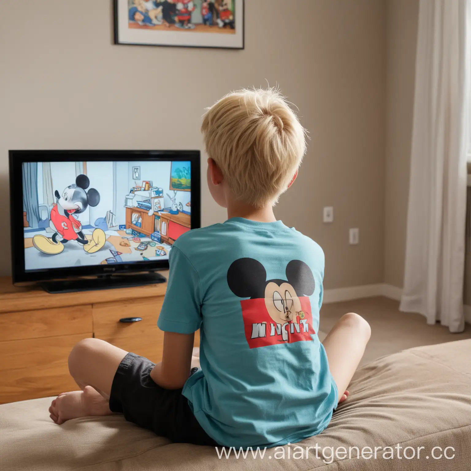 Blonde-Boy-Watching-Mickey-Mouse-Cartoon-on-TV