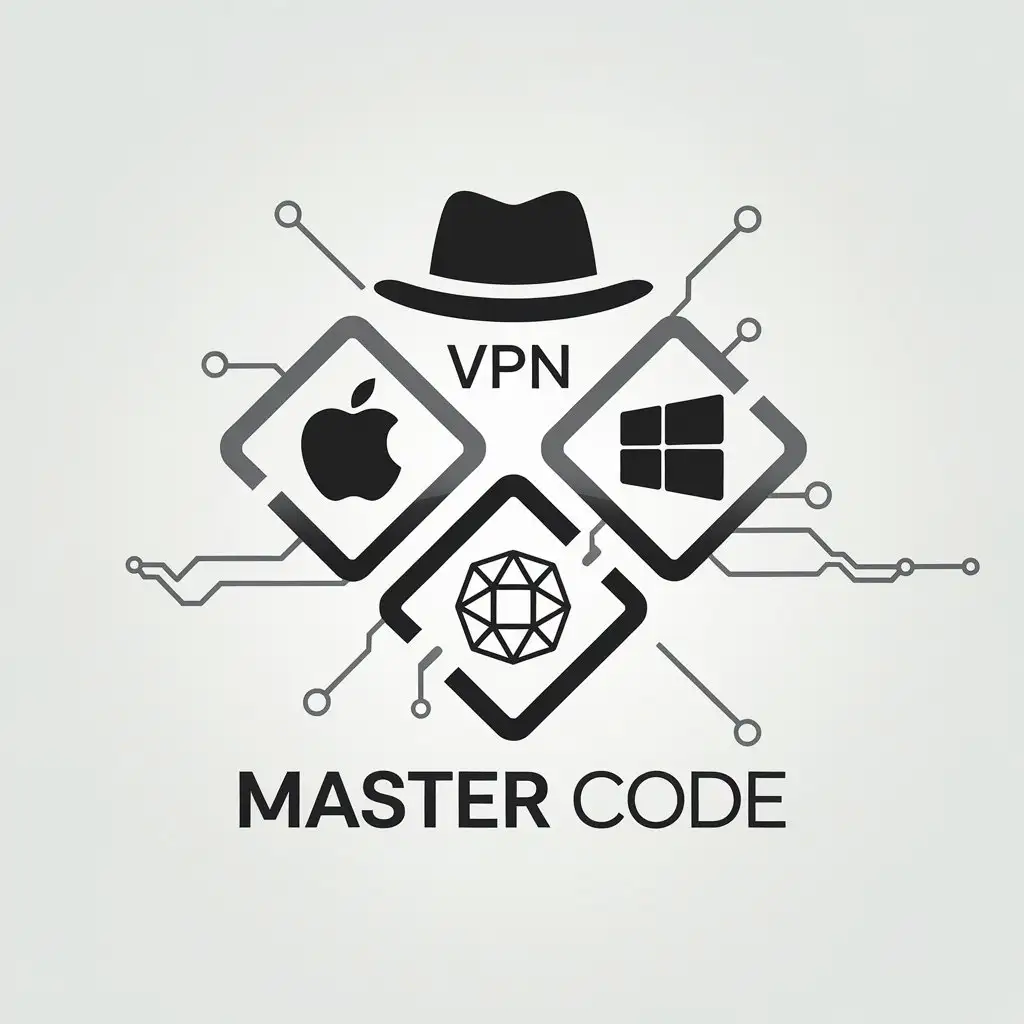 a vector logo design,with the text "master code", main symbol:hat apple vpn windwos  ,Minimalistic,clear background