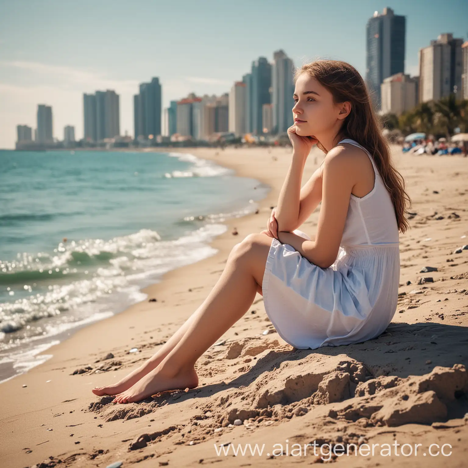 Girl-Contemplating-Metropolis-at-Beach