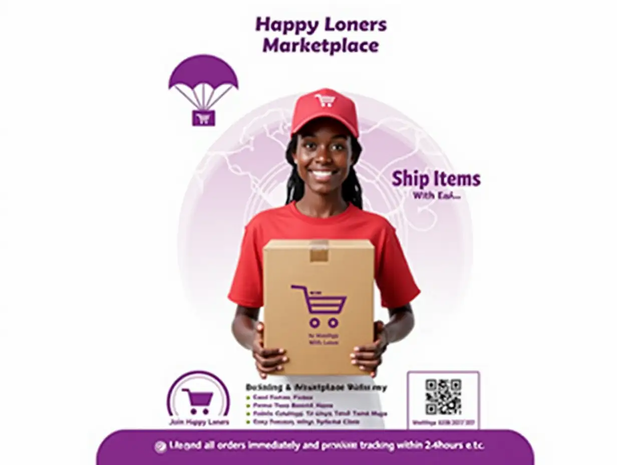 A flyer advert design 
A smiling delivery cute black lady in a red t-shirt and matching baseball cap stands, centered, holding a tan cardboard box mock up delivery logo at the back.

The background is white with a bright magenta/purple graphic design of curved shapes behind the  lady's lower legs and waist. A faded-out outline of the world is visible at about shoulder height, also behind the cute black. A small purple image of a gift/package suspended from a parachute appears to be floating above and to the left of the delivery cute black lady.

The top left displays the purple logo for “Happy Loners  Marketplace” (a shopping cart with speedy-delivery lines and the words stacked below).

Center-left stacked large purple text reads, “Ship Items Worldwide With Ease!” Smaller purple text below reads, “From Happy Loners Marketplace”.

Below that is a bulleted list of items in smaller dark purple text:
• Send Gifts, Pizza, Flowers
Bouquet, Car Keys, House Keys,
Teddy bears, Clothing, Customized Hoodi, T-Shirt, Frame, Mug, Cakes, Rings, Letters e.t.c

Even smaller centered dark purple text below the list reads, “We Send all orders immediately and provide tracking within 24-48hours.”

The box the cute lady holds features the “Happy Loners Marketplace” logo.
A large QR code appears in the bottom-right, outlined by more bright magenta/purple graphics.

Near the bottom left it says “Join Happy Loners Marketplace” with an arrow pointing towards a WhatsApp logo and phone number: +2347030577207; the text and graphics are all dark purple/magenta.

The words "Your Happy Place Online!” with a checkmark logo are located top right.