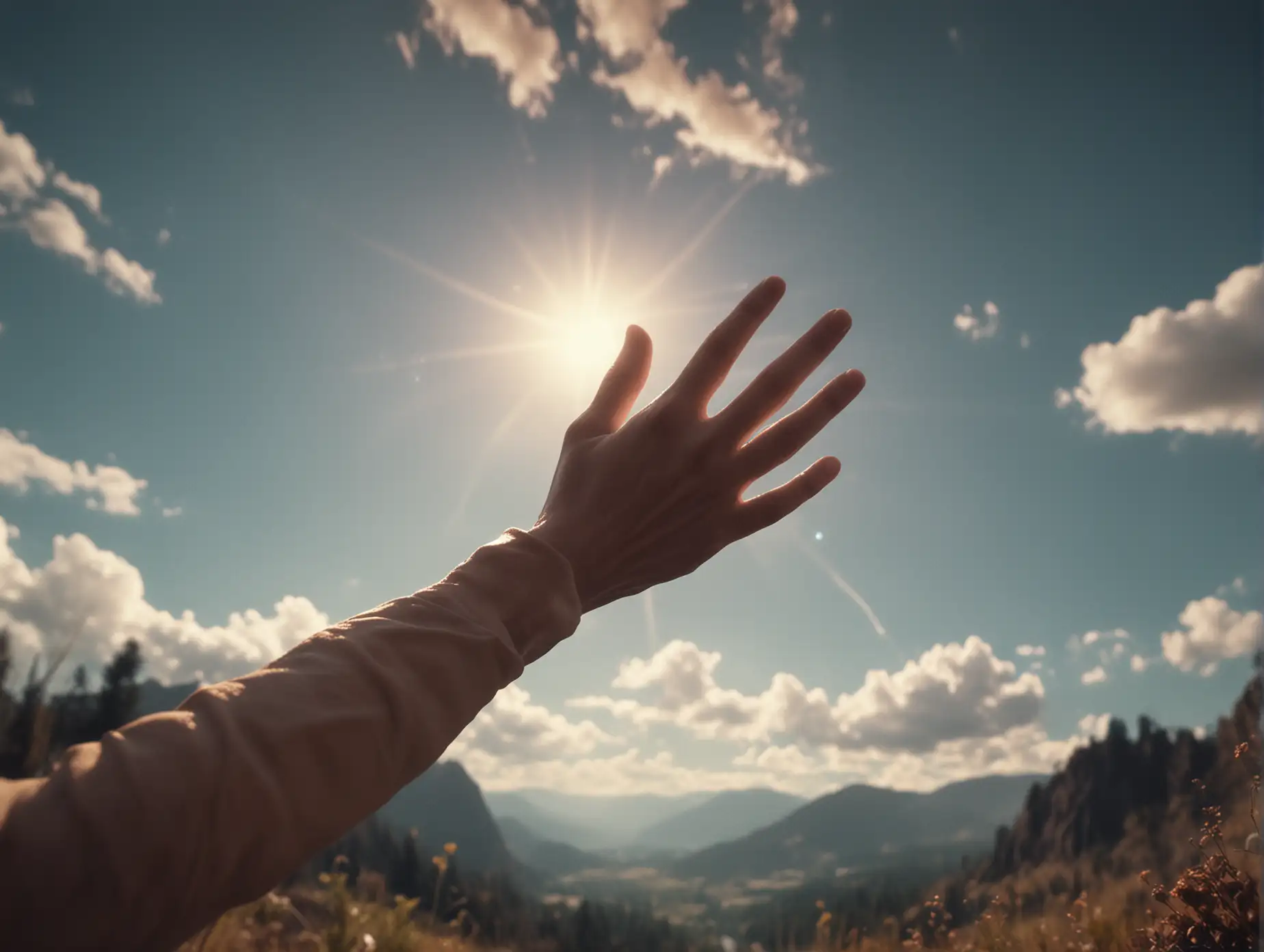 bodycamera point of view: a realistic human hand reaching out, high into the sky, exuding a cinematic quality with toned color grading, evoking a dreamy, ethereal atmosphere, with a shallow depth of field that blurs the surrounding landscape,  surreal, dreamcore, weirdcore