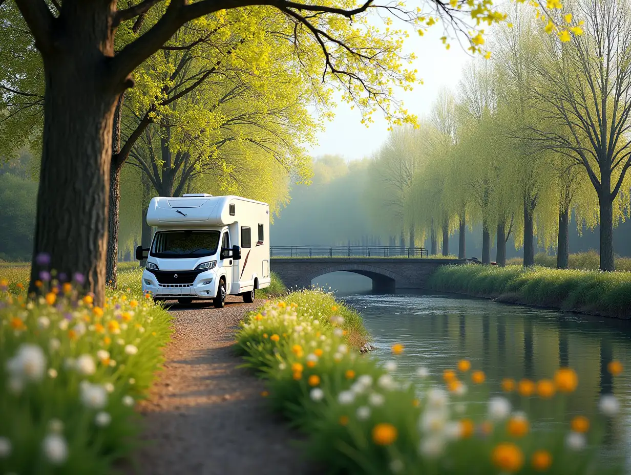 Create a realistic almost photographic image of...  Scene: Spring Landscape with Integrated MotorhomeBackground: Trees on both sides of the river are covered with young and bright leaves, typical of spring, and align forming a natural path that leads to a bridge. There is a mixture of deciduous trees such as oaks, poplars, and willows, whose branches seem to gently dance with the breeze. Between the tree trunks, wildflowers of vibrant colors bloom: yellow, white and purple tones that splash the landscape. The Motorhome: The motorhome is perfectly integrated into the landscape, parked on the edge of the path.   Environment: The scene conveys a sense of absolute peace, interrupted only by the whispering breeze moving the tree leaves. The soft sound of water flowing in the river is a sweet melody that accompanies the landscape, creating a contrast with the distant singing of birds. The atmosphere is ideal for stopping and enjoying the moment, surrounded by tranquility.