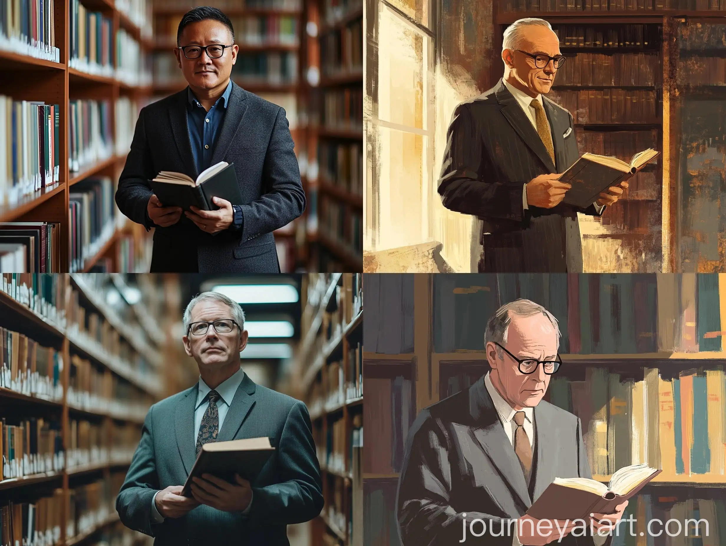 Professor-Standing-in-Library-with-Book-Academic-Scene