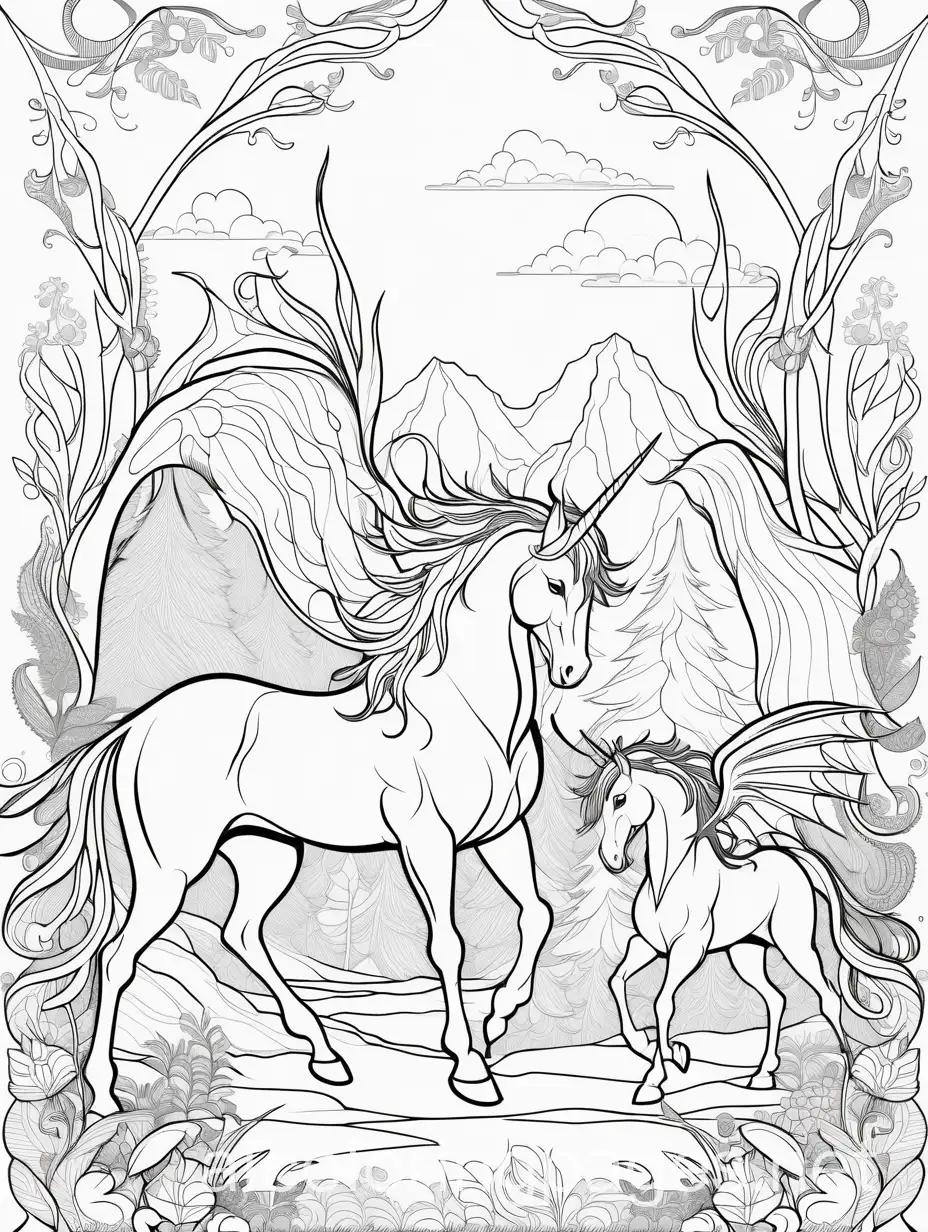 Enchanted-Glade-Coloring-Page-with-WoW-Dragons-and-Unicorns