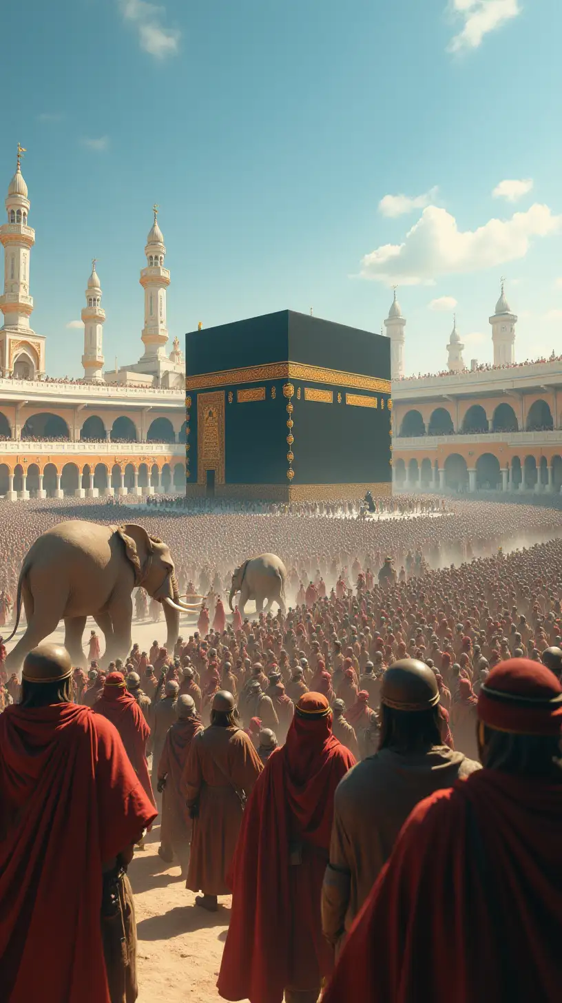 Ancient Army of Soldiers with War Elephants Approaching the Kaaba