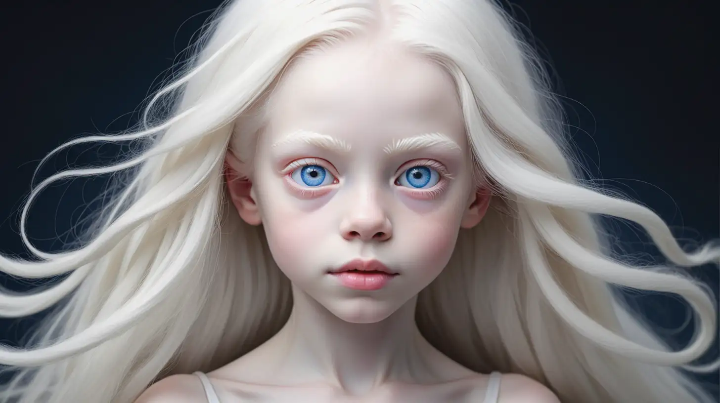 Ethereal 8YearOld Albino Girl with Long White Hair and Big Blue Eyes