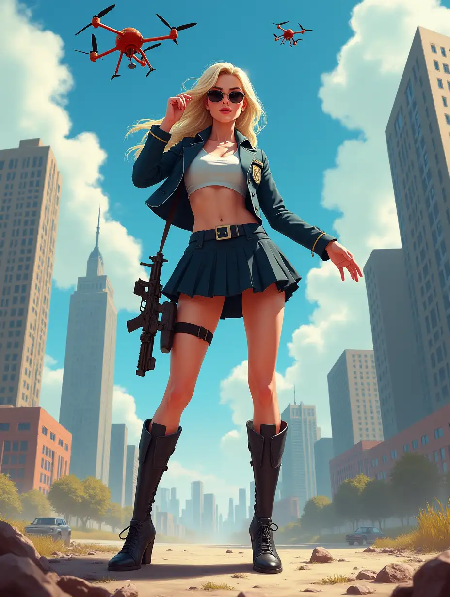 Wide-angle digital painting, (Beautiful woman in stylish school uniform, midriff showing, short skirt, combat boots, and sunglasses with built in targeting system : 1.3), Triangular composition, Dynamic full-length pose, Confident expression, (Armed mercenary: 1.3), Gun grip, Supporting pose, City background, Skyscrapers in the distance, two small targeting drones above, (Bright sunlight: 1.2), Sharp contrasts, Bold colors, Clear details. female mercenary in cool cyberpunk style in colorful fantasy style, realism, post-apocalyptic landscape, cartel, bald rod, oil painting, rod Nostalgia, strong emotions, low angle, high detail, sharp focus