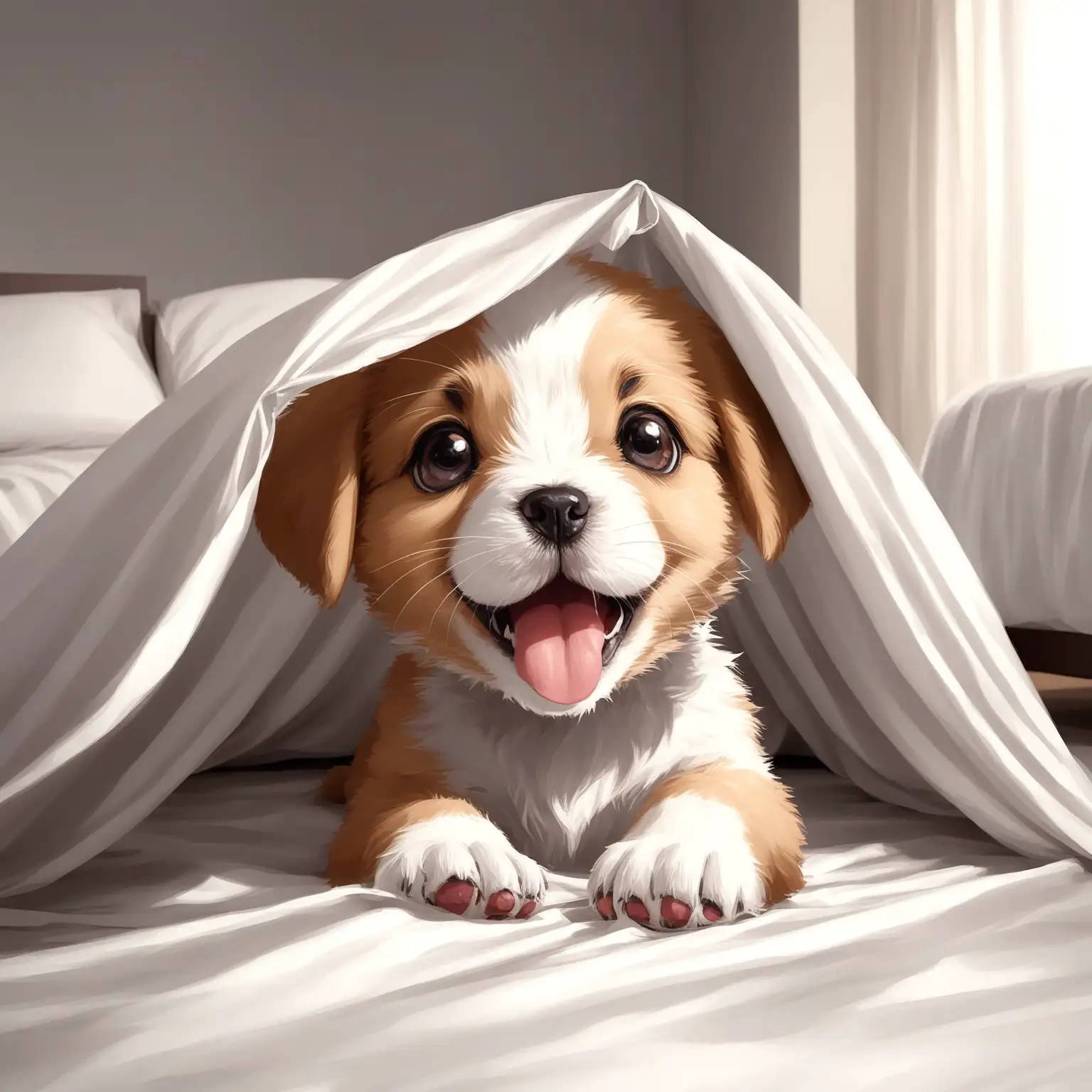 Playful Puppy with Bed Sheets in Bedroom