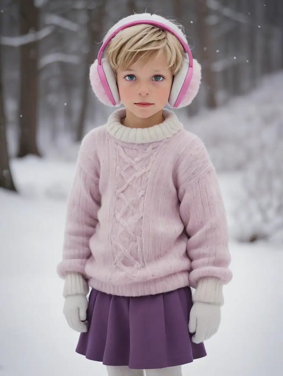 8 year old boy wearing pink ear-muffs, angora sweater, purple skirt, white woolen tights, in snowy landscape