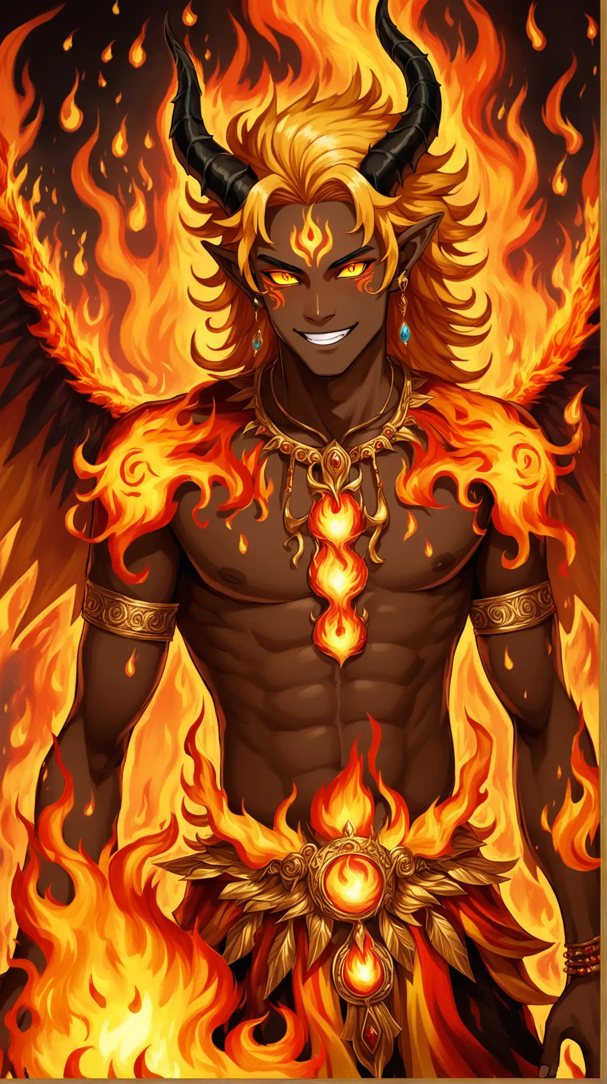 Charismatic DarkSkinned Fire Spirit in Colorful Attire and Flaming Wings