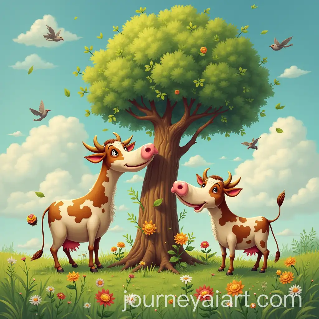 Cow-Grazing-on-a-Tree-in-a-Verdant-Landscape