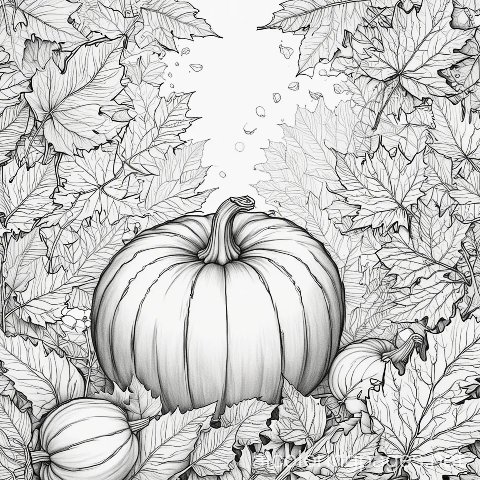 copyright free autmn background for coloring for kids without people more pumpkins and autmn leaves, Coloring Page, black and white, line art, white background, Simplicity, Ample White Space. The background of the coloring page is plain white to make it easy for young children to color within the lines. The outlines of all the subjects are easy to distinguish, making it simple for kids to color without too much difficulty