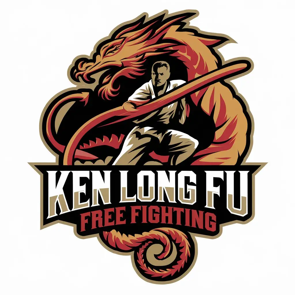 a vector logo design,with the text "Ken Long Kung Fu free fighting", main symbol:Dragon, person, moderate, for application in the fitness industry, clear background,Moderate,clear background